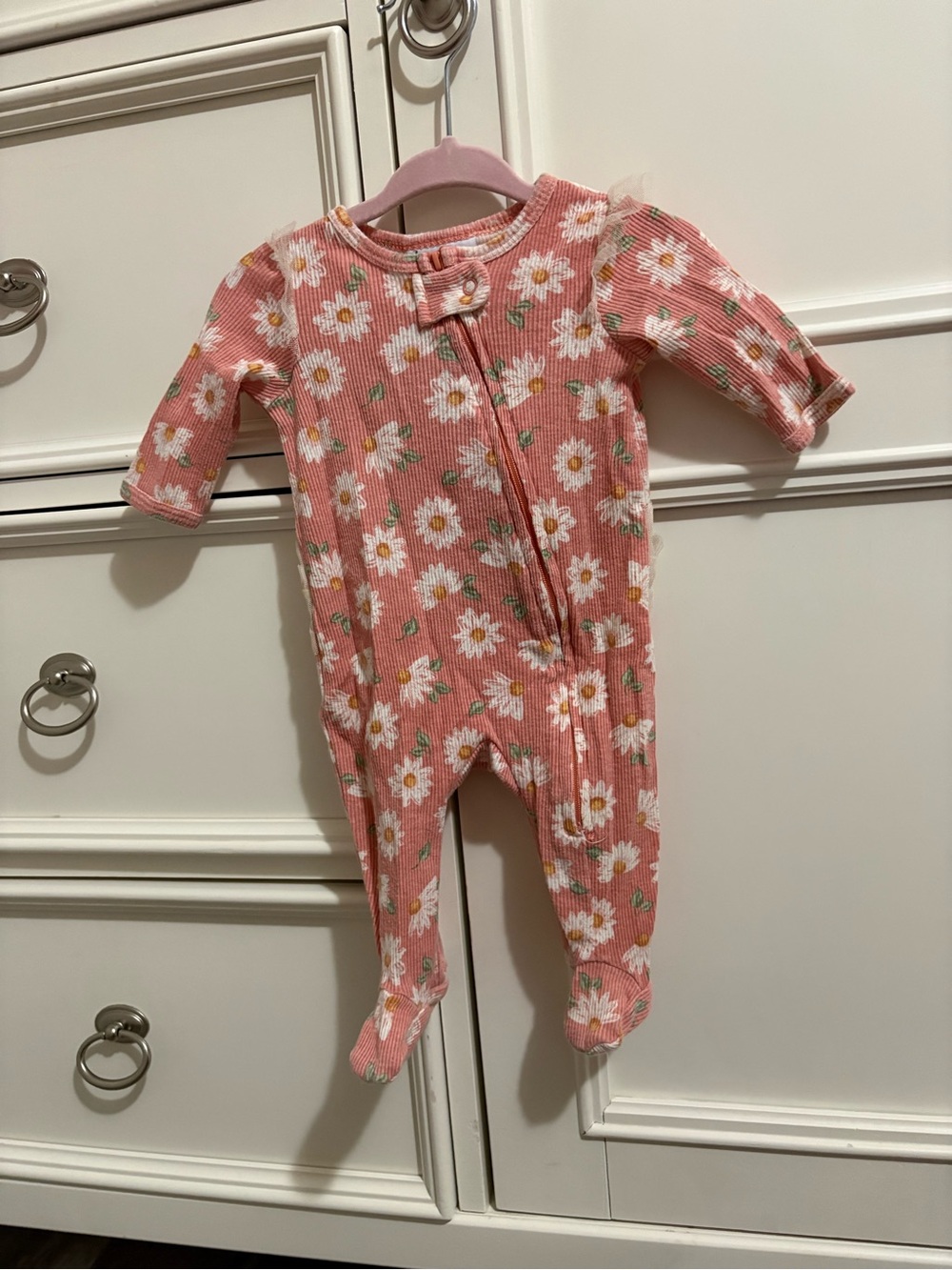 Coral Pink Daisy Print Footed Baby One-Piece